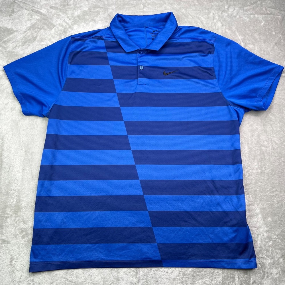 Nike Dry Golf Polo‎ Blue Mens 2XL Striped Performance Stretch Dri Fit Athletic